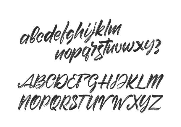 Vector Cursive Handwritten brush font. English Abc alphabet on white background. Vector illustration: Cursive Handwritten brush font. English Abc alphabet on white background. calligraphy alphabet styles drawing stock illustrations