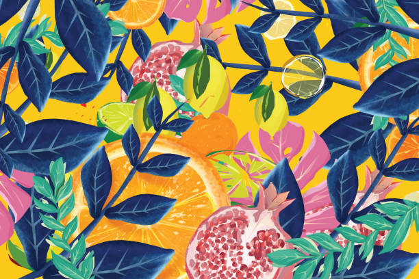 illustrazioni stock, clip art, cartoni animati e icone di tendenza di fondo di frutta e foglie tropicali - pomegranate fruit tropical fruit freshness