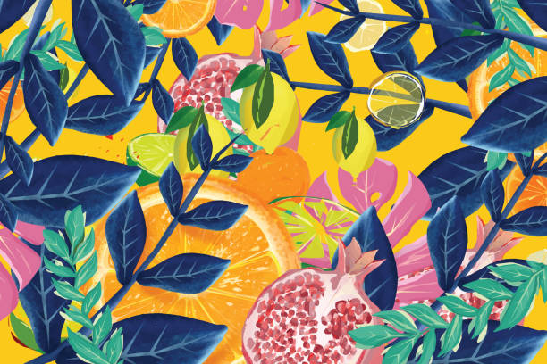 ilustrações, clipart, desenhos animados e ícones de frutas tropicais e folhas de fundo - tropical fruit