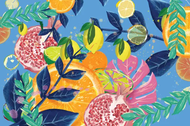 Vector illustration of Exotic summer fruit and tropical leaves background