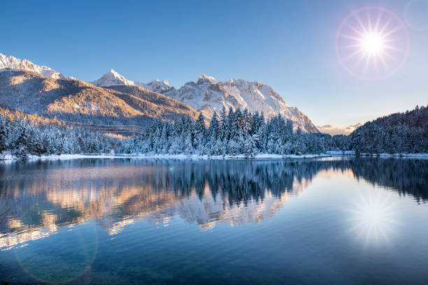 istock panoramic landscape in winter with mountain range and sun on sky 1260147634