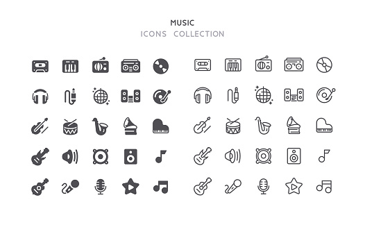 Set of music vector icons. Flat design & outline editable stroke.