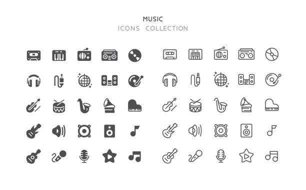 Flat & Outline Music Icons Set of music vector icons. Flat design & outline editable stroke. guitar icons stock illustrations