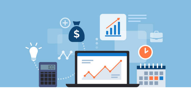 illustrazioni stock, clip art, cartoni animati e icone di tendenza di desktop aziendale con laptop e app finanziaria - analytics data spreadsheet computer