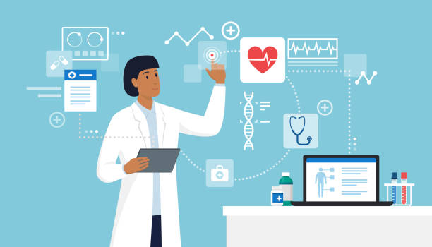 Innovative healthcare and technology Female doctor connecting with a digital tablet and interacting with a virtual user interface, innovative healthcare and technology concept health technology stock illustrations