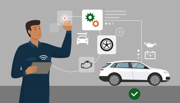 illustrazioni stock, clip art, cartoni animati e icone di tendenza di meccanico che esegue un'ispezione auto utilizzando un'app digitale - soccorso stradale