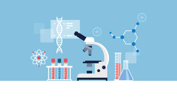 illustrations, cliparts, dessins animés et icônes de bureau de laboratoire médical avec microscope et équipement médical - microscope