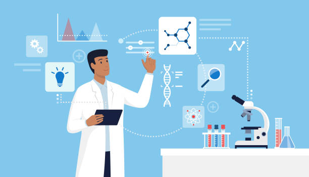 ilustrações, clipart, desenhos animados e ícones de pesquisa científica e tecnologia - medical research laboratory microscope genetic research