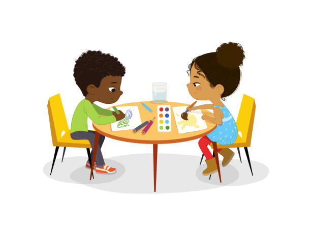 African American Boy and Girl sit at the round table and draw picture with watercolor and pencils. Drawing activity in the art class. Boy and Girl Draw Pictures with paints and pencils. Poster with the Place for the text African American Boy and Girl sit at the round table and draw picture with watercolor and pencils. Drawing activity in the art class. Boy and Girl Draw Pictures with paints and pencils. Poster with the Place for the text. african american boy drawing stock illustrations