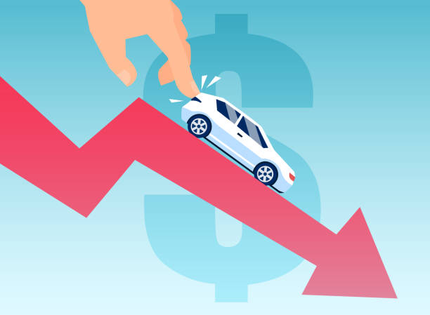 vektor eines mannes, der ein auto auf einem finanzdiagramm nach unten drückt. automobile abschreibung - price drop stock-grafiken, -clipart, -cartoons und -symbole