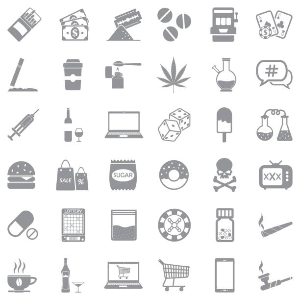 Addiction Icons. Gray Flat Design. Vector Illustration. Drugs, Games, Poker, Alcohol cocaine stock illustrations