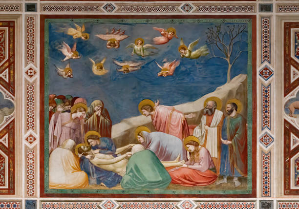 The Mourning of Christ in Scrovegni Chapel Fresco painted by Giotto in Scrovegni chapel of Padua, Italy. fresco photos stock pictures, royalty-free photos & images