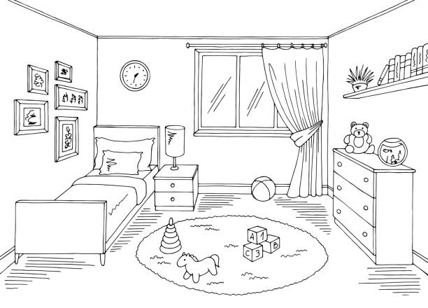 Children Room Graphic Black White Home Interior Sketch Illustration Vector  Stock Illustration - Download Image Now - iStock