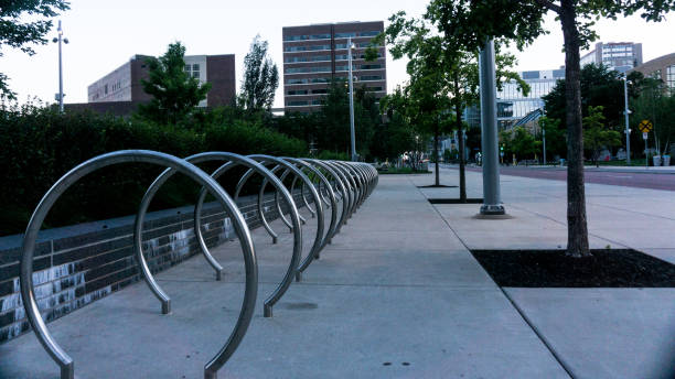 London, UK - 21 September, 2019 - Bicycle parking racks at Queen Elizabeth Olympic Park