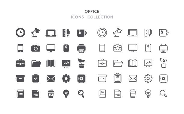 평면 및 개요 사무실 아이콘 - office group of objects vector symbol stock illustrations