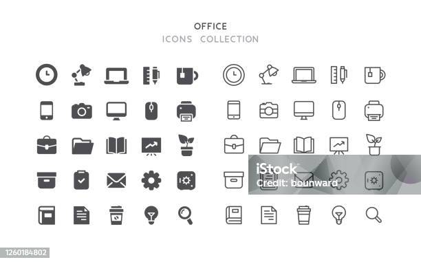 Flat Outline Officeikoner-vektorgrafik och fler bilder på Ikon - Ikon, Pärm, Kontor