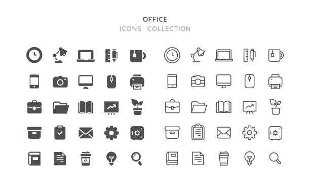 Flat & Outline Office Icons Set of office vector icons. Flat design & outline editable stroke. laptop icon stock illustrations