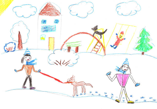 illustrations, cliparts, dessins animés et icônes de les enfants jouent avec la neige à l’extérieur de l’arbre de noël. vacances, vacances, nouvel an, noël - pencil pine