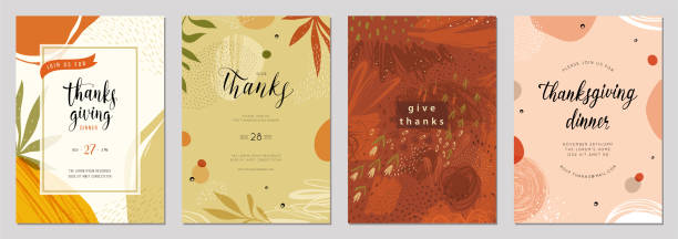 Universal Autumn Templates_07 Thanksgiving cards. Set of abstract creative universal artistic templates. Good for poster, invitation, cover, banner, placard, brochure and other graphic design. thanksgiving holiday drawings stock illustrations