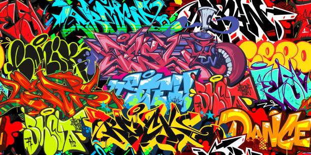ilustrações de stock, clip art, desenhos animados e ícones de colorful graffiti street art seamless pattern. vector illustration background art - typescript graffiti computer graphic label