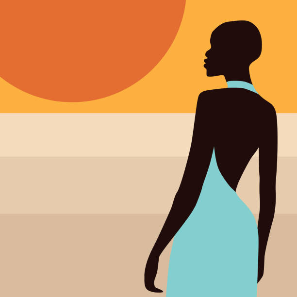 illustrations, cliparts, dessins animés et icônes de femme africaine sur le fond du soleil couchant dans le désert. une belle jeune femme dans une robe bleue. - fashion fine art portrait young adult beautiful people