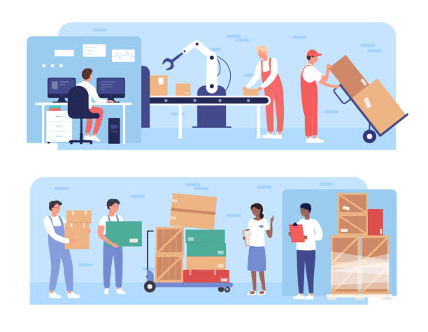 Warehouse packaging work vector illustration, cartoon flat worker people load boxes on pallets, stockroom loading process isolated on white Warehouse packaging work vector illustrations. Cartoon flat worker people working on warehousing conveyor with robotic arm equipment, load boxes on pallets, stockroom loading process isolated on white industry and manufacturing infographics stock illustrations