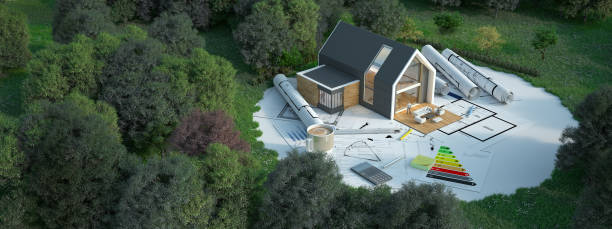 House project on construction ground 3D rendering of a house with blueprints, energy charts and other documents in a field property styling stock pictures, royalty-free photos & images