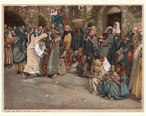 Vintage illustration of Jesus, Suffer the little children to come unto me. By James Tissot