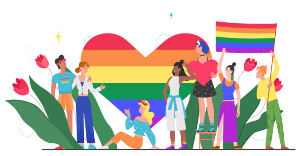 LGBT pride month concept vector illustration, cartoon young group of lover people standing together, waving, homosexual rainbow love isolated on white LGBT pride month concept vector illustration. Cartoon young group of lover people standing together, waving, holding rainbow heart and LGBT flag in hands, homosexual rainbow love isolated on white lgbtqia pride event illustrations stock illustrations