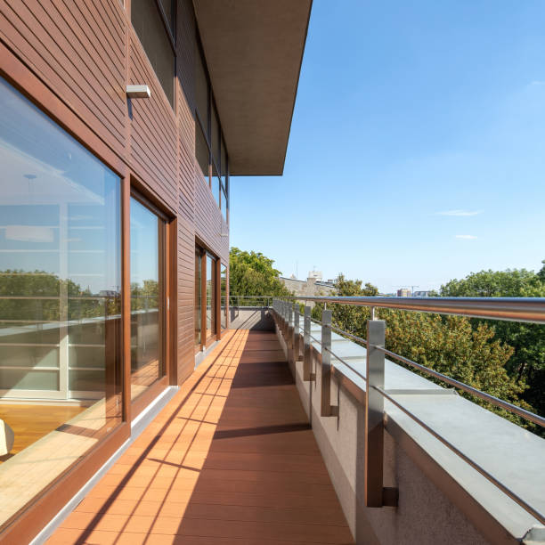 istock Long balcony with wooden floor 1260252964