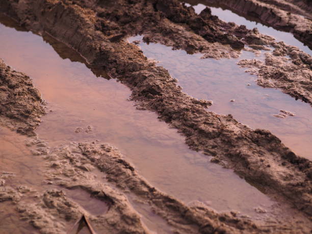 istock Muddy road with puddles, early morning. Close-up. 1260258404