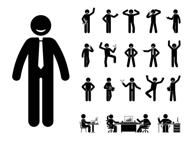 Stick figure office man different poses, emotions face design vector icon set. Happy, sad, surprised, amazed, angry, standing, sitting stickman person on white Stick figure office man different poses, emotions face design vector icon set. Happy, sad, surprised, amazed, angry, standing, sitting stickman person on white shocked computer stock illustrations