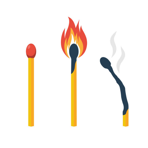 Collection color of matches. Burning match, in smoke and whole Collection color of matches. Burning match, in smoke and whole. Vector illustration flat design. Isolated on white background. Wooden match with fire. stuck in room stock illustrations