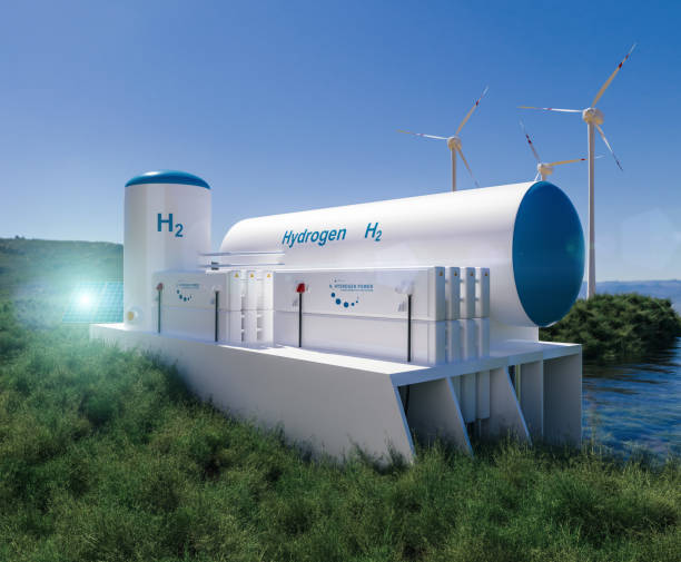 Hydrogen renewable energy production - hydrogen gas for clean electricity solar and windturbine facility. Hydrogen renewable energy production - hydrogen gas for clean electricity solar and windturbine facility. 3d rendering. white units stock pictures, royalty-free photos & images