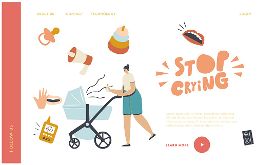 Young Mother Suffer of Baby Scream Landing Page Newborn Baby Screaming and Crying in Pram. Mom Female Character Care of Child. Parenting Lifestyle, Childhood Concept. Linear Vector Illustration