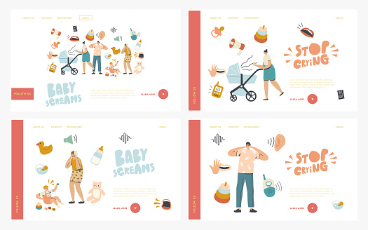 Parenthood, Maternity, Mother Care Landing Page Template Set. Characters with Kid Stroller Suffer of Baby Crying. Child with Cramps Screaming, Toddler Capricious. Linear People Vector Illustration