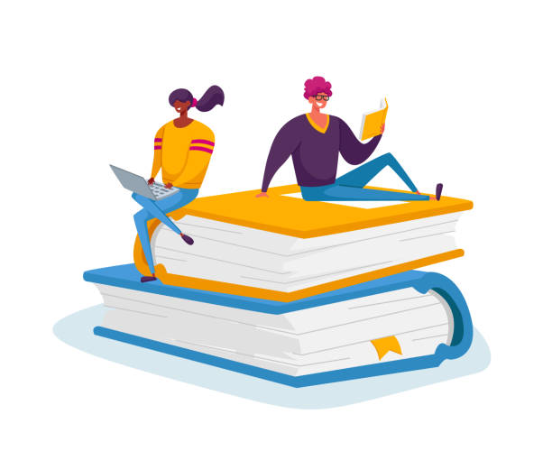 winzige männliche und weibliche charaktere lesen und arbeiten auf laptop sitzen auf riesigen büchern pile. studenten verbringen zeit in der bibliothek - vector illustration stock-grafiken, -clipart, -cartoons und -symbole