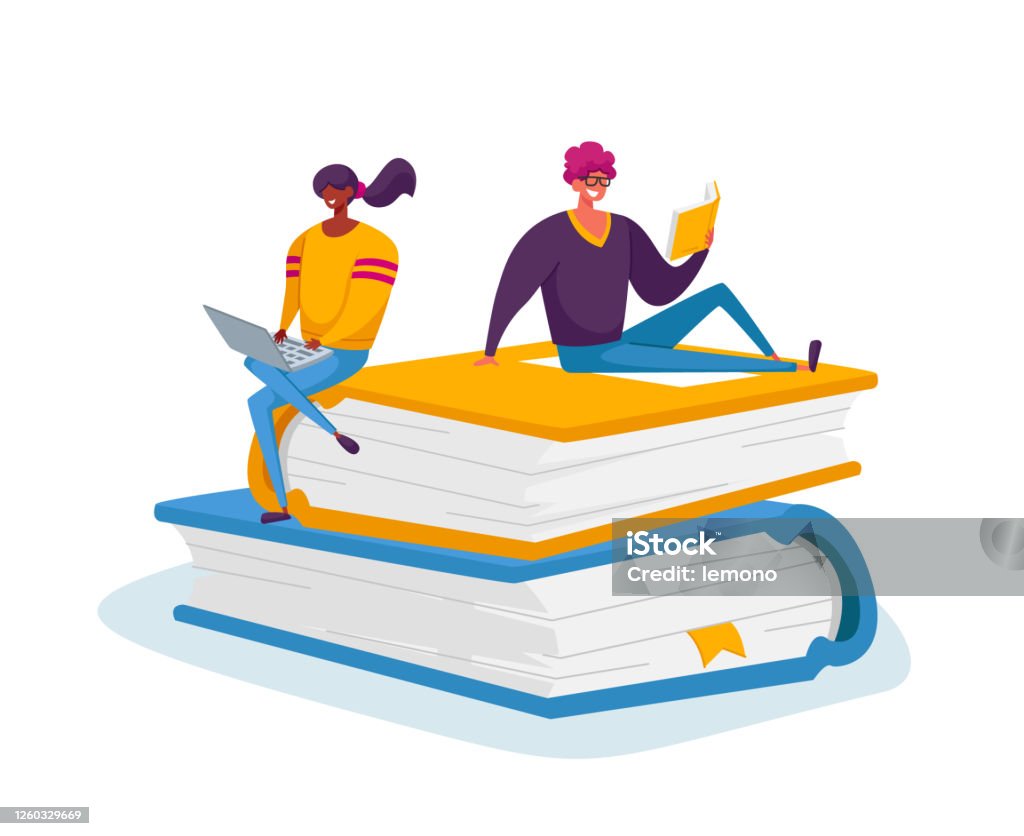 Tiny Male and Female Characters Reading and Working on Laptop Sitting on Huge Books Pile. Students Spend Time in Library Tiny Male and Female Characters Reading and Working on Laptop Sitting on Huge Books Pile. Students Spend Time in Library or Prepare for Grammar Test Examination. Cartoon People Vector Illustration Education stock vector