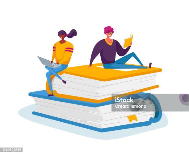 Tiny Male And Female Characters Reading And Working On Laptop Sitting On Huge Books Pile Students Spend Time In Library Stock Illustration - Download Image Now