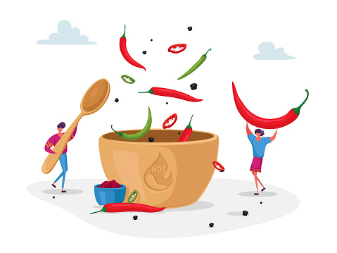 Characters Cook Hot Spicy Food. Tiny Man and Woman Cooking Delicious Meal with Red and Green Jalapeno Chili Pepper and Peppercorns, Typical Mexican Spicy Dish. Cartoon People Vector Illustration