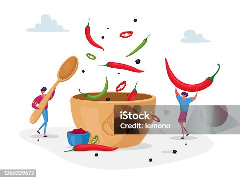 istock Characters Cook Hot Spicy Food. Tiny Man and Woman Cooking Delicious Meal with Red and Green Jalapeno Chili Pepper 1260329672