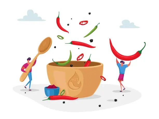 Vector illustration of Characters Cook Hot Spicy Food. Tiny Man and Woman Cooking Delicious Meal with Red and Green Jalapeno Chili Pepper