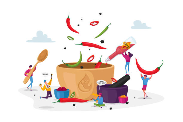 キャラクターはホットチリで食べ物を調理します。小さなキャラクターは、スパイシーな料理を作る巨大なソースパンに赤と黒のチリペッパーを置きます - chili pepper illustrations点のイラスト素材／クリップアート素材／マンガ素材／アイコン素材