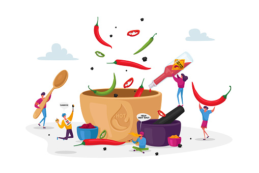 Characters Cooking Food with Hot Chili. Tiny Male and Female Characters Put Red and Black Chilli Pepper to Huge Sauce Pan, Adding Ingredients for Making Spicy Dish Cartoon People Vector Illustration