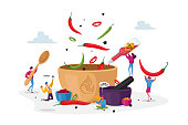 istock Characters Cook Food with Hot Chili. Tiny Characters Put Red and Black Chilli Pepper to Huge Sauce Pan Making Spicy Dish 1260329678