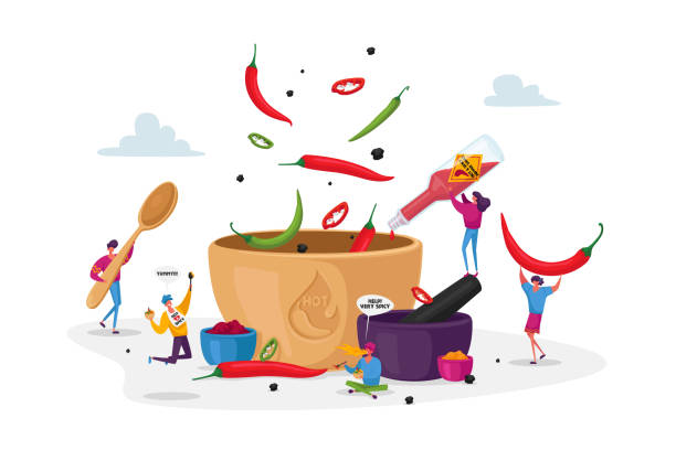Characters Cook Food with Hot Chili. Tiny Characters Put Red and Black Chilli Pepper to Huge Sauce Pan Making Spicy Dish Characters Cooking Food with Hot Chili. Tiny Male and Female Characters Put Red and Black Chilli Pepper to Huge Sauce Pan, Adding Ingredients for Making Spicy Dish Cartoon People Vector Illustration home fragrance stock illustrations