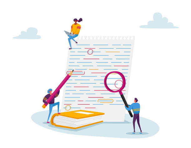 illustrazioni stock, clip art, cartoni animati e icone di tendenza di caratteri minuscoli con lente d'ingrandimento e errori di modifica della matita rossa nel test cartaceo. insegnante o studente fix grammar - documenti