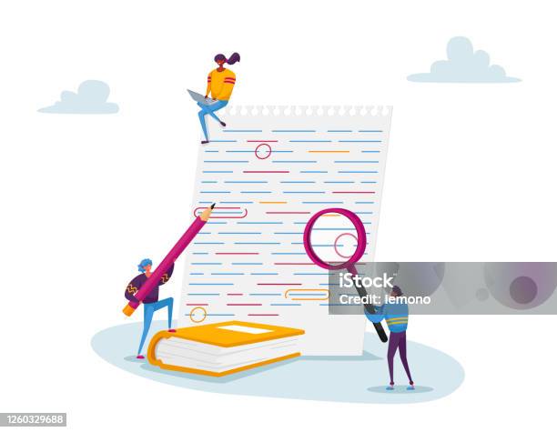 Tiny Characters With Magnifying Glass And Red Pencil Editing Mistakes In Paper Test Teacher Or Student Fix Grammar Stock Illustration - Download Image Now