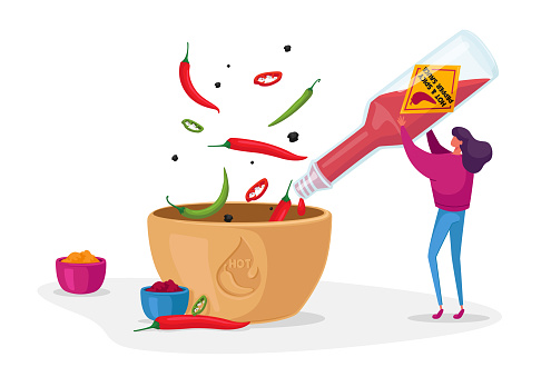 Woman Pouring Chilli Ketchup or Sauce from Glass Bottle to Bowl Cooking Spicy Meal. Female Character with Seasoning Ingredient for Hot Food Dish Cook, Mexican Cuisine. Cartoon Vector Illustration