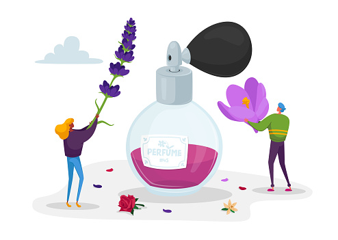 Aroma Composition. Perfumery Creation. Perfumer Characters Create New Perfume Fragrance. Tiny People Bring Violet Flowers to Huge Sprayer Bottle with Toilet Water. Cartoon People Vector Illustration
